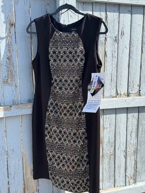 NEW R&M Richards Black Dress Gold Sequin Panel Midi Bodycon Cocktail Party Sexy